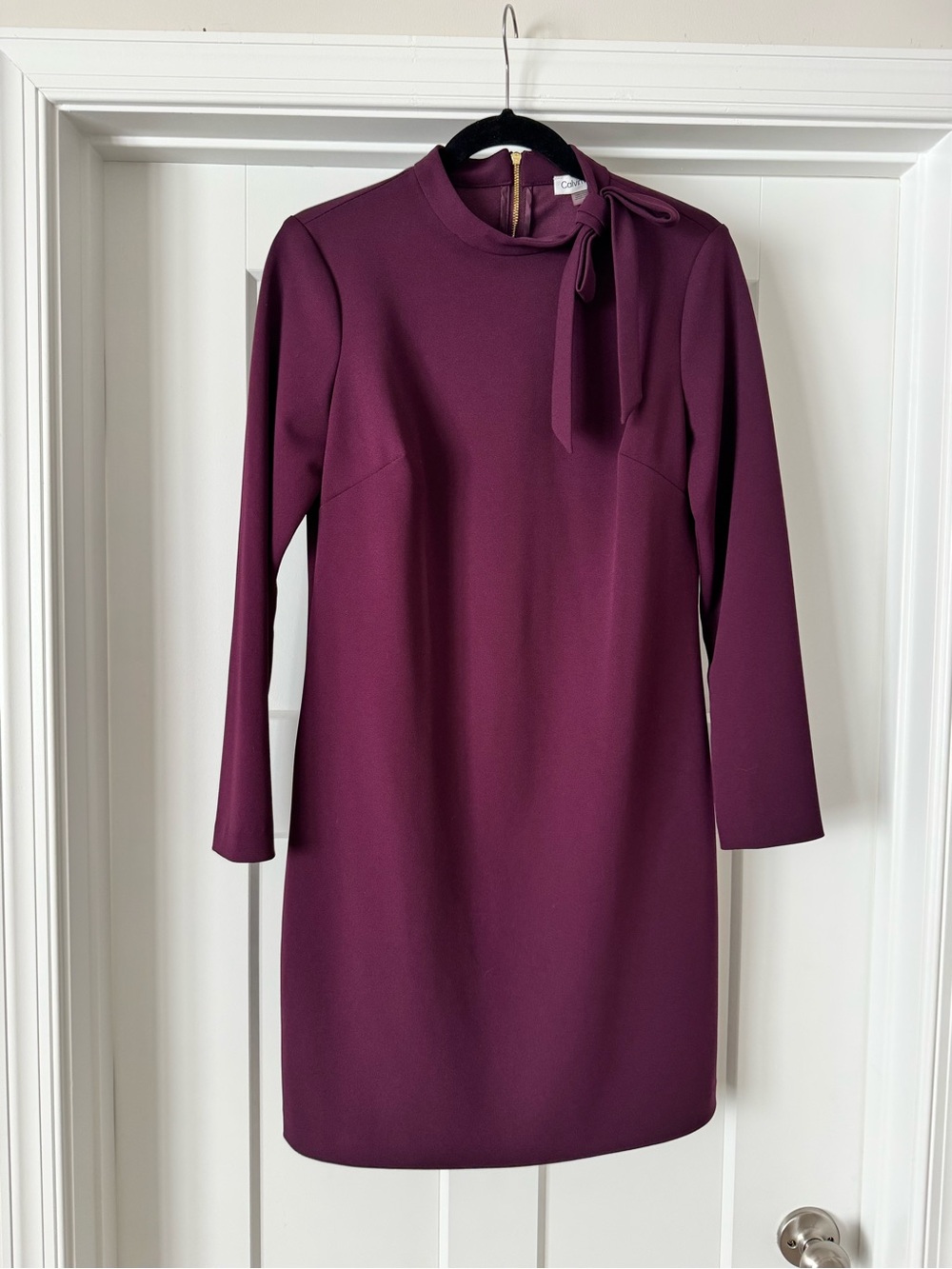 Calvin Klein Long Sleeve Shift Dress with Neck Tie - Plum